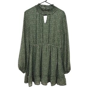 Rokoko Green Floral Chiffon‎ Mini Dress L Cottagecore Romantic Fall Boho